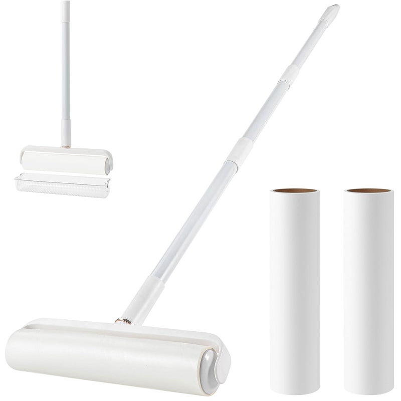 MINGRACE Floor Lint Roller Long Handle with Cover and 2 Refills for Pet Hair Extra Sticky Large 9.45 inch Lint Remover for Carpet Bedding Couch (Extra Long Handle & 3 Sticky Rolls) - Image 1